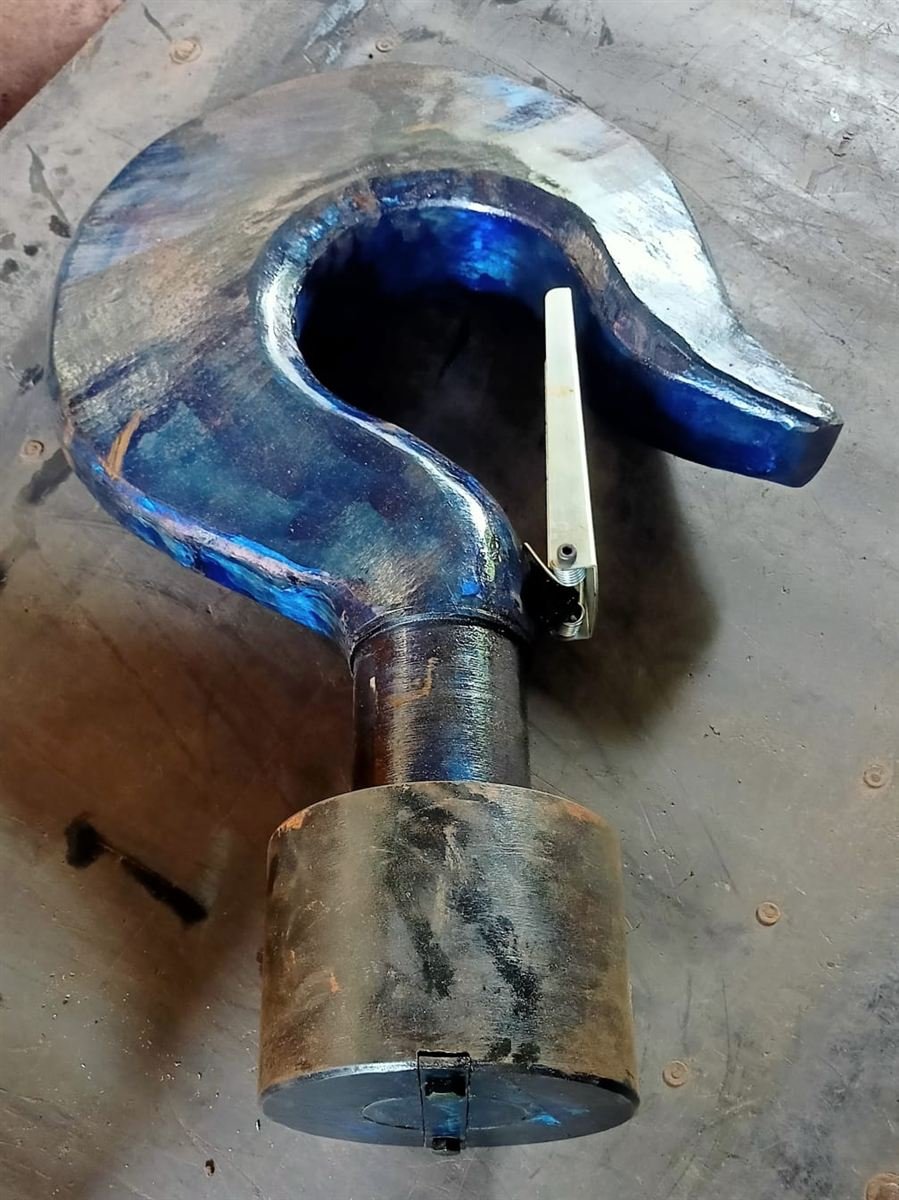 Blue C-type crane hook with safety latch and nut
